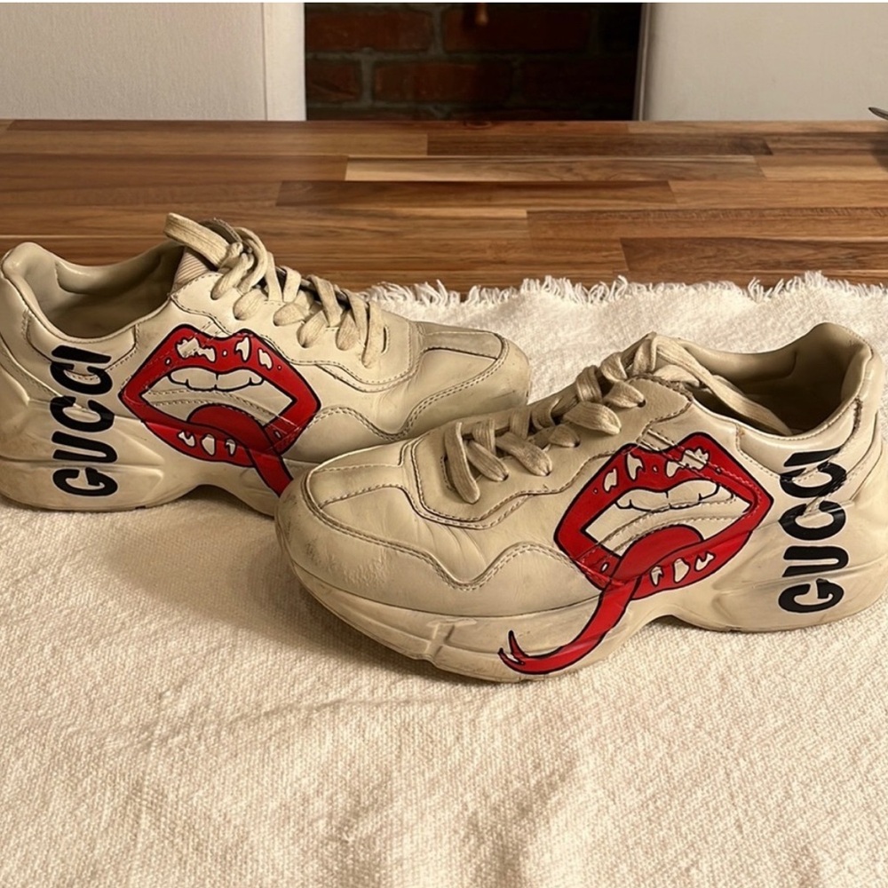 Beige Sneakers with Red Logo